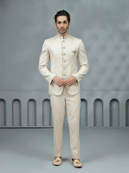 Fawn Self Design Jodhpuri Suit | TULA