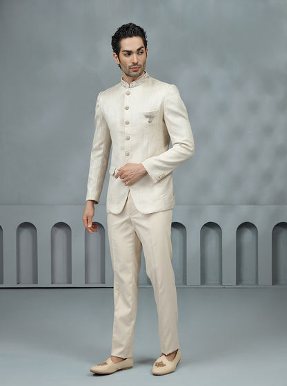 Fawn Self Design Jodhpuri Suit | TULA