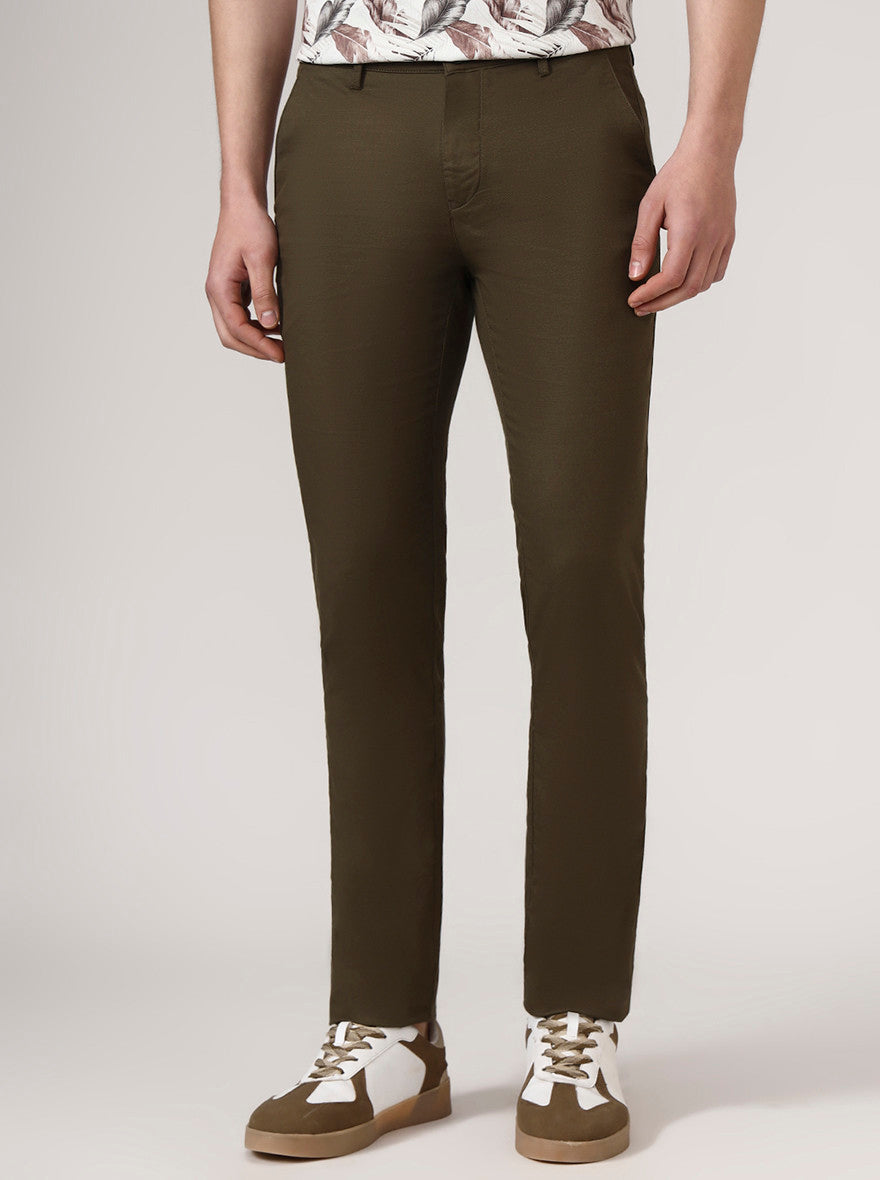 Olive Brown Solid Super Slim Fit Casual Trouser | Greenfibre