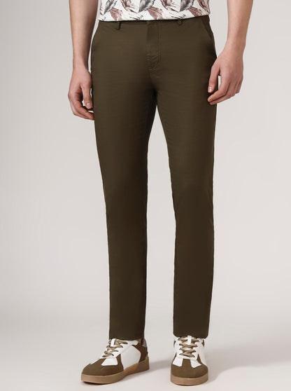 Olive Brown Solid Super Slim Fit Casual Trouser | Greenfibre