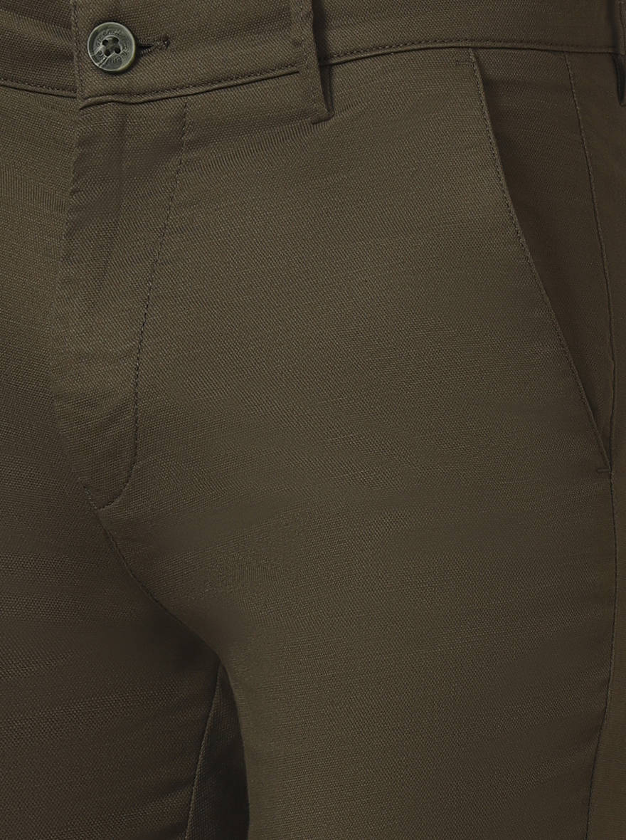 Olive Brown Solid Super Slim Fit Casual Trouser | Greenfibre