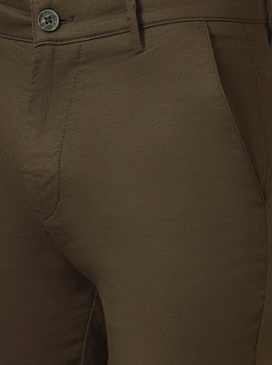 Olive Brown Solid Super Slim Fit Casual Trouser | Greenfibre