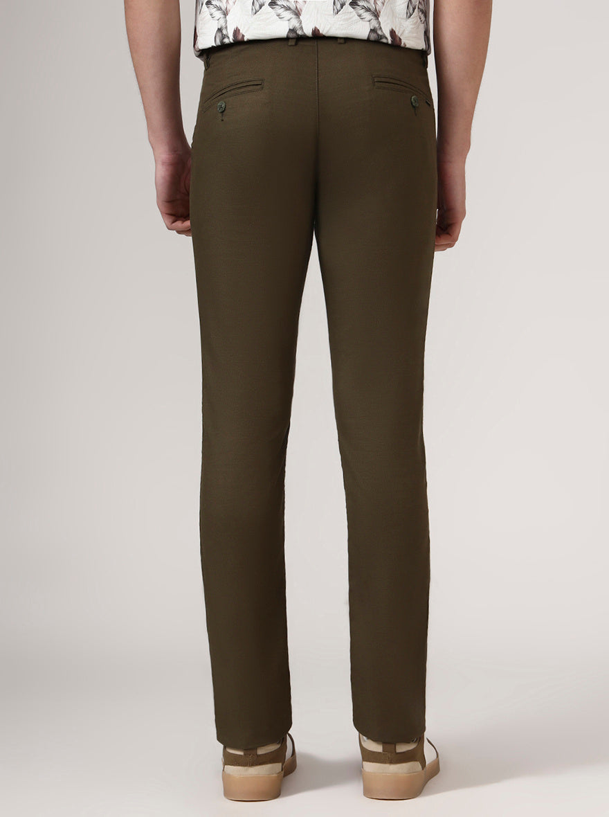 Olive Brown Solid Super Slim Fit Casual Trouser | Greenfibre