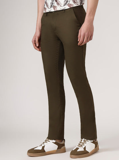 Olive Brown Solid Super Slim Fit Casual Trouser | Greenfibre