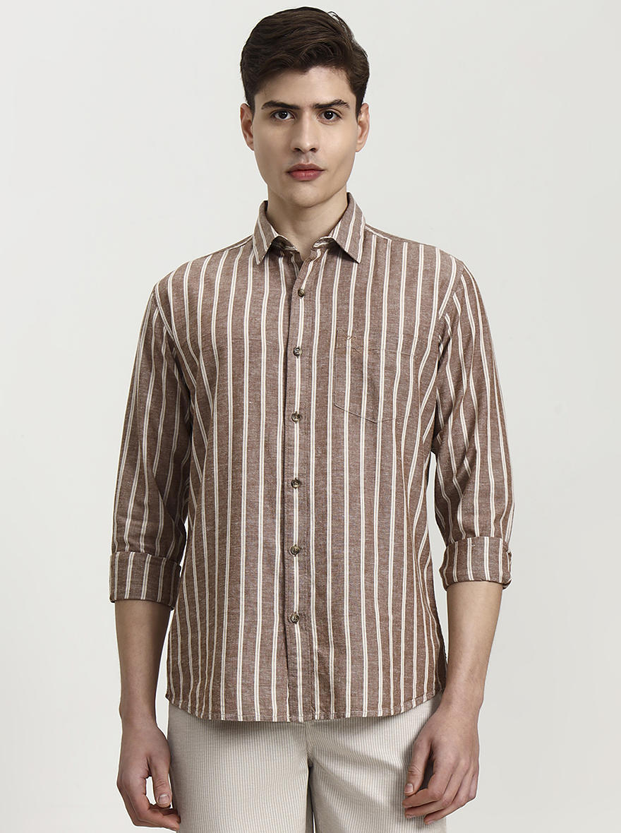 Brown Striped Slim Fit Casual Shirt | JadeBlue