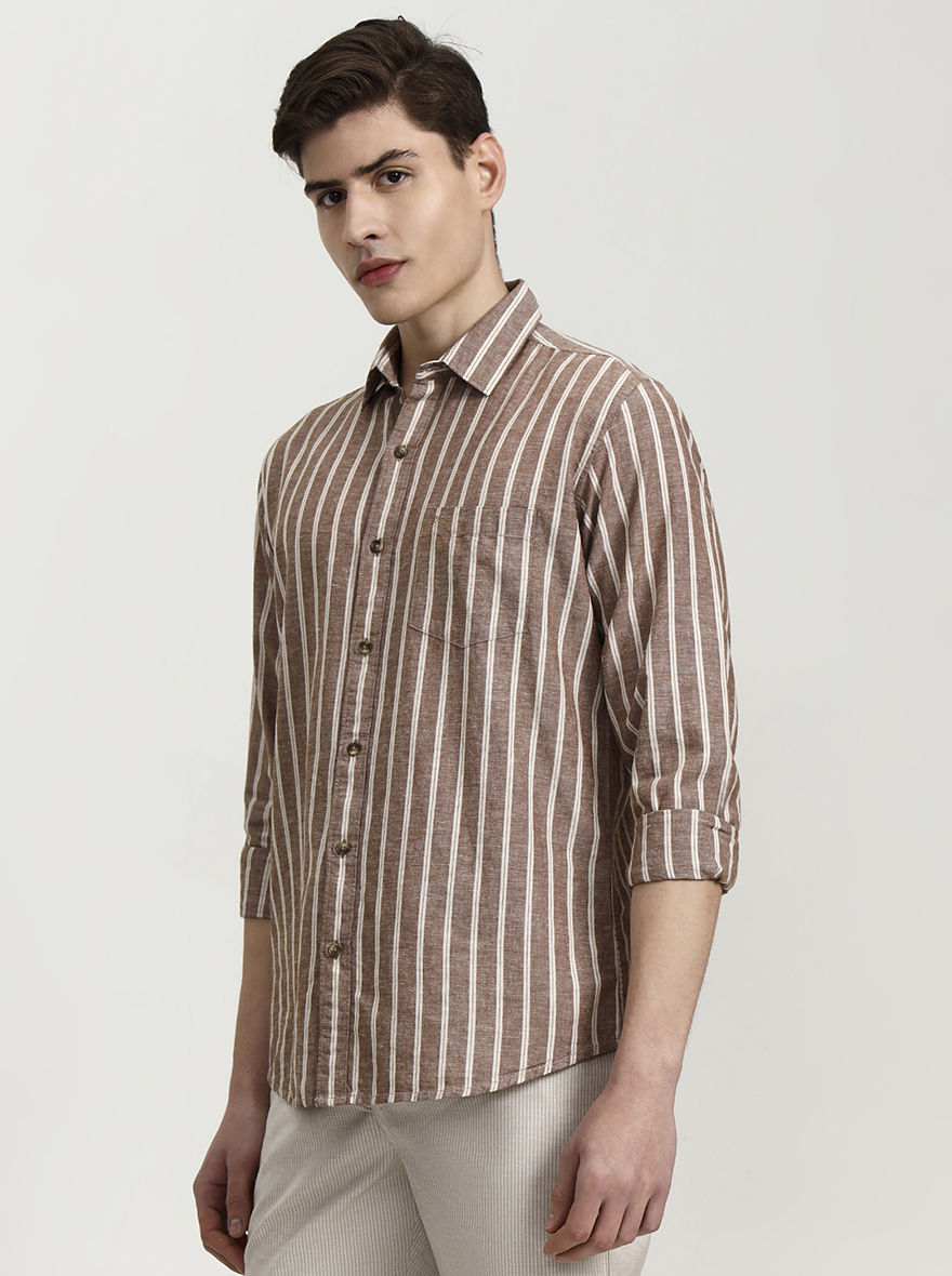 Brown Striped Slim Fit Casual Shirt | JadeBlue