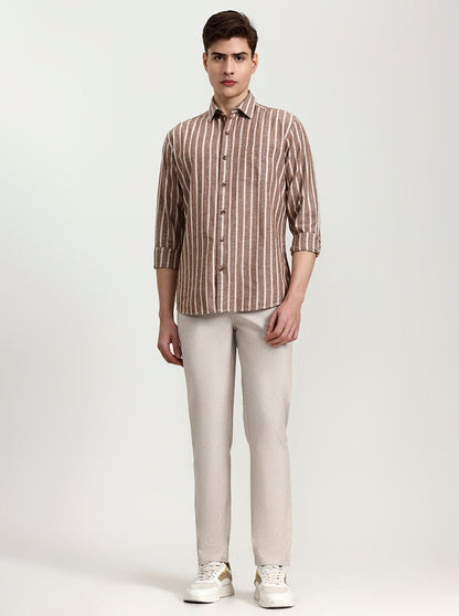 Brown Striped Slim Fit Casual Shirt | JadeBlue