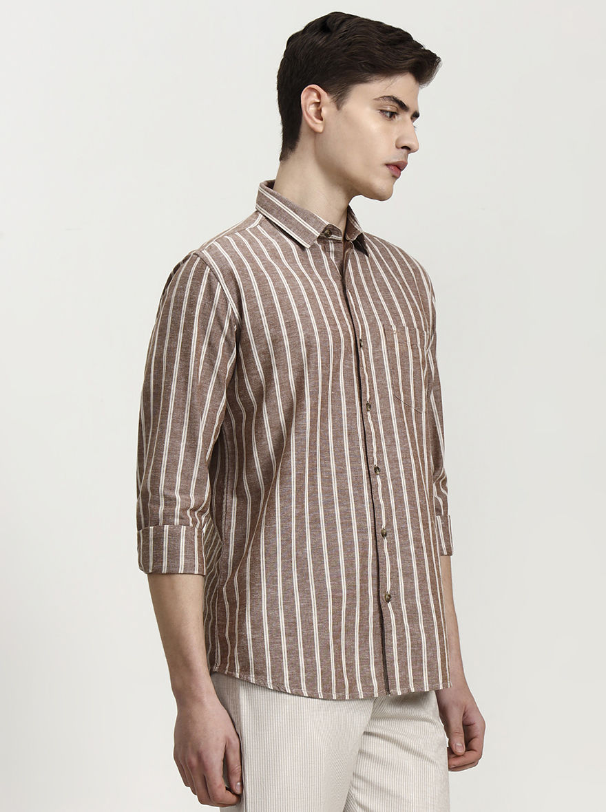Brown Striped Slim Fit Casual Shirt | JadeBlue