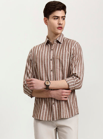 Brown Striped Slim Fit Casual Shirt | JadeBlue