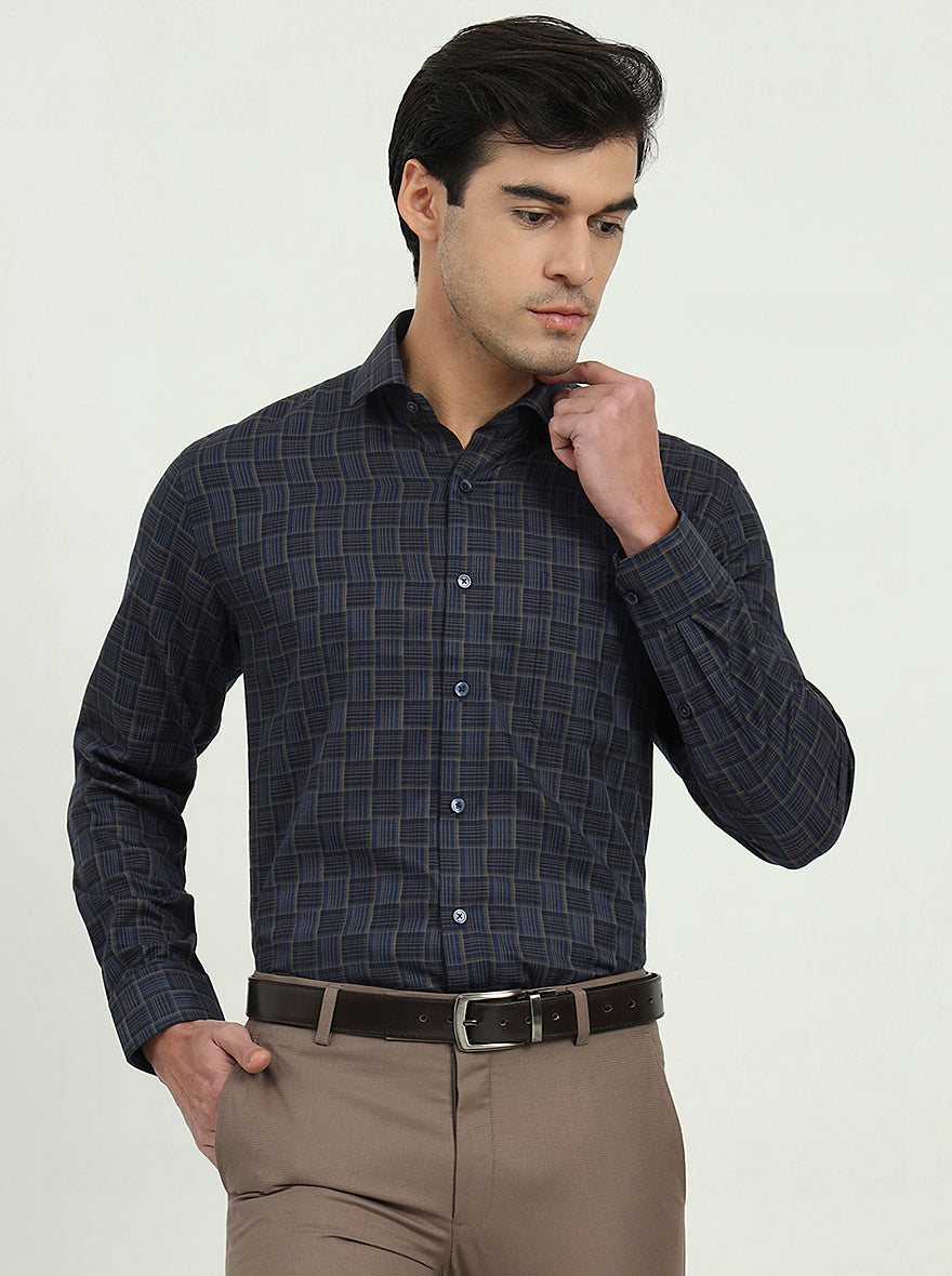 Dark Blue & Olive Checked Regular Fit Formal Shirt | Greenfibre