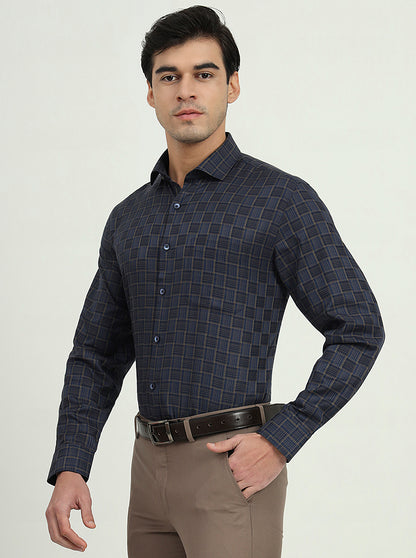 Dark Blue & Olive Checked Regular Fit Formal Shirt | Greenfibre