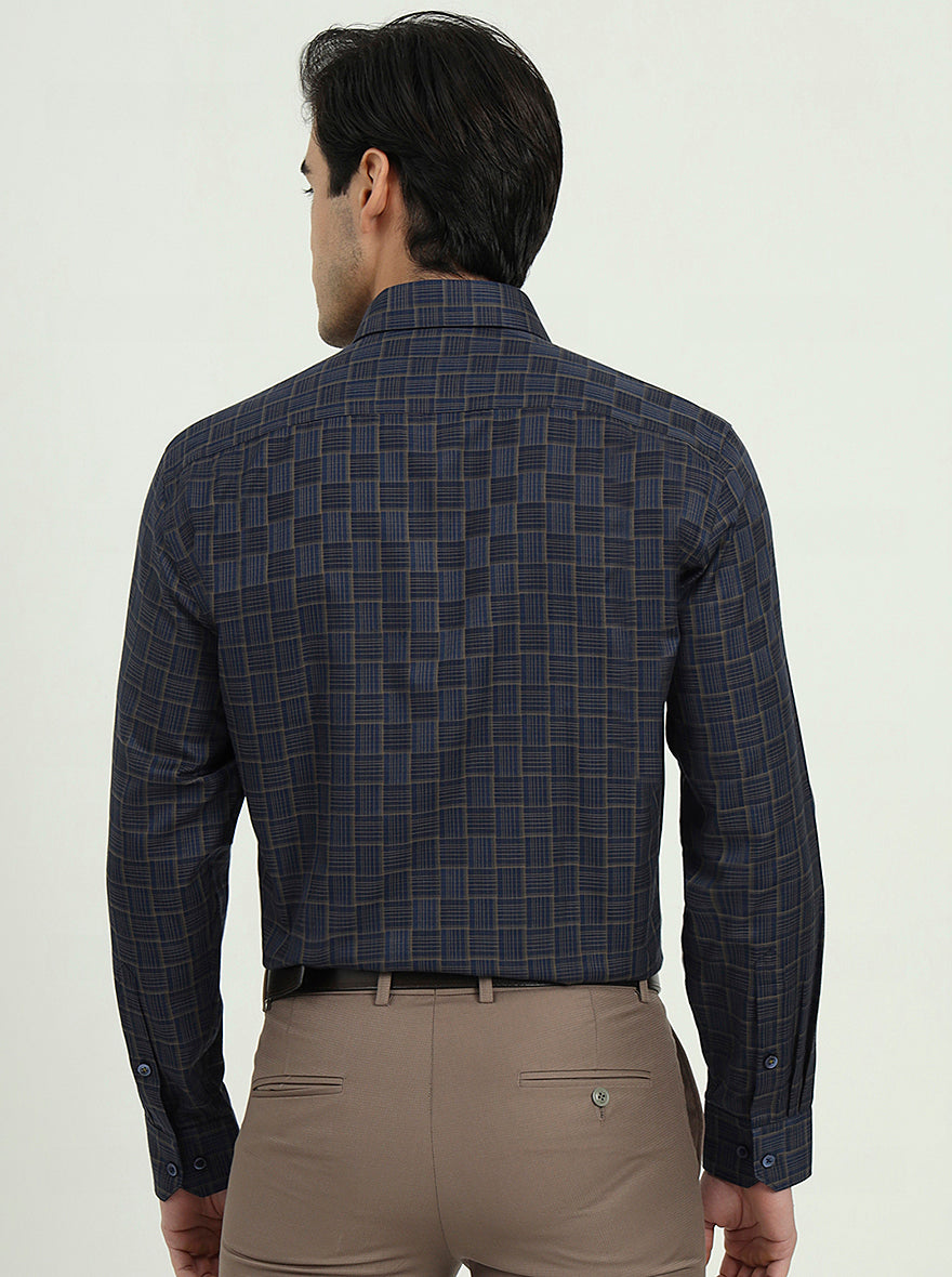 Dark Blue & Olive Checked Regular Fit Formal Shirt | Greenfibre