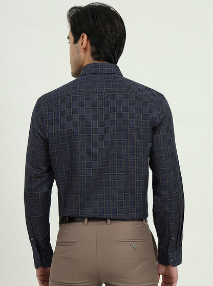 Dark Blue & Olive Checked Regular Fit Formal Shirt | Greenfibre