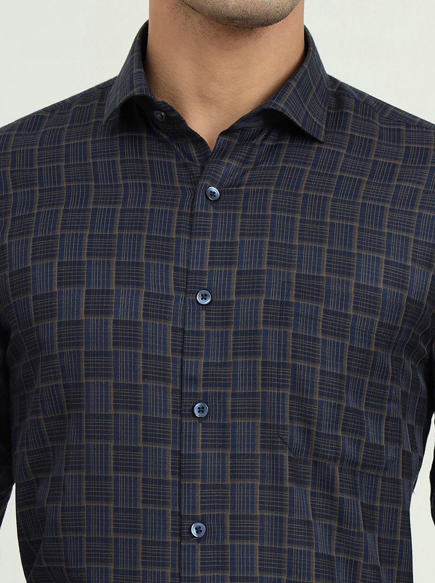 Dark Blue & Olive Checked Regular Fit Formal Shirt | Greenfire
