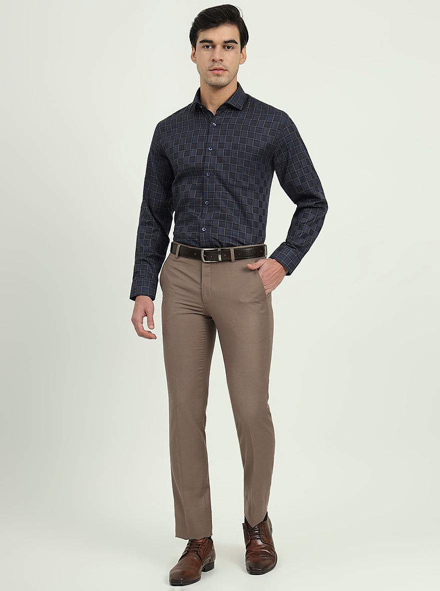 Dark Blue & Olive Checked Regular Fit Formal Shirt | Greenfibre