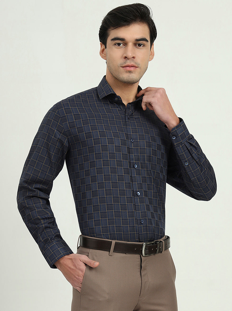 Dark Blue & Olive Checked Regular Fit Formal Shirt | Greenfibre