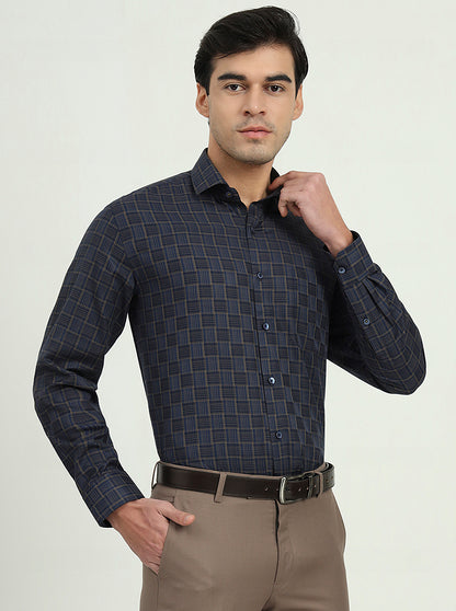Dark Blue & Olive Checked Regular Fit Formal Shirt | Greenfibre