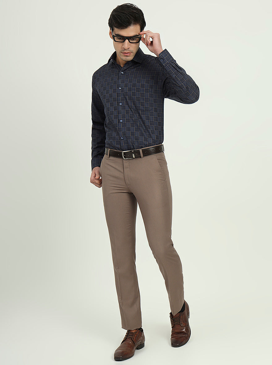 Dark Blue & Olive Checked Regular Fit Formal Shirt | Greenfibre