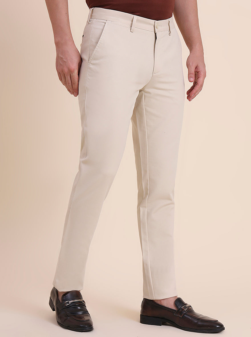 Beige Solid Uno Fit Casual Trouser | JadeBlue