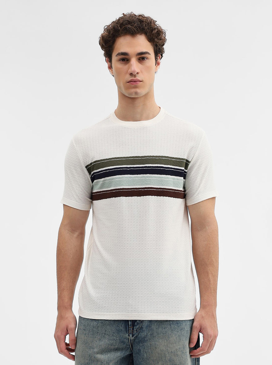Cream & Olive Striped Slim Fit T-Shirt | JadeBlue