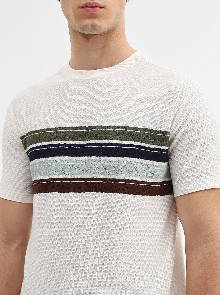 Cream & Olive Striped Slim Fit T-Shirt | JadeBlue