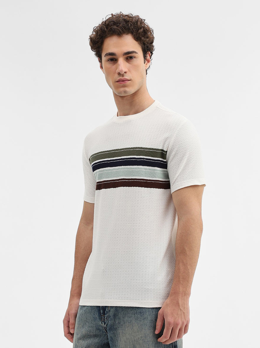 Cream & Olive Striped Slim Fit T-Shirt | JadeBlue