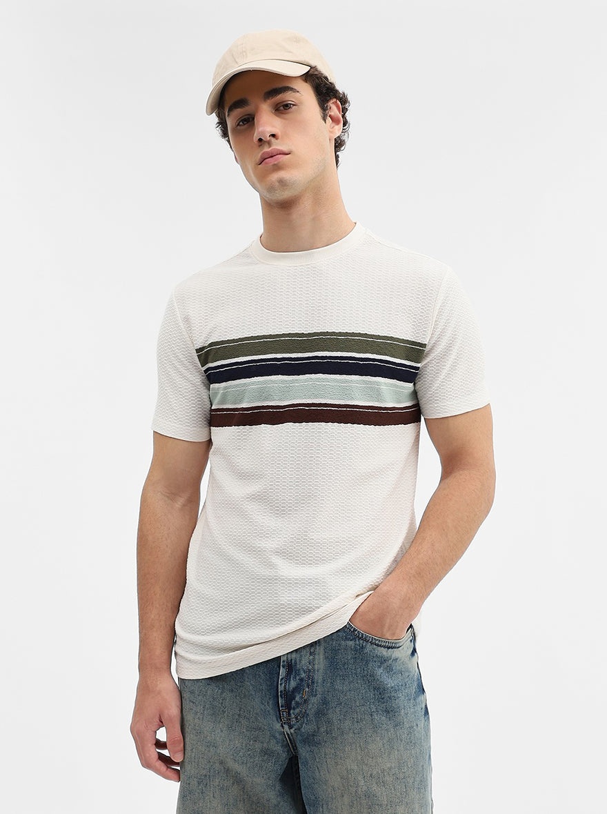 Cream & Olive Striped Slim Fit T-Shirt | JadeBlue