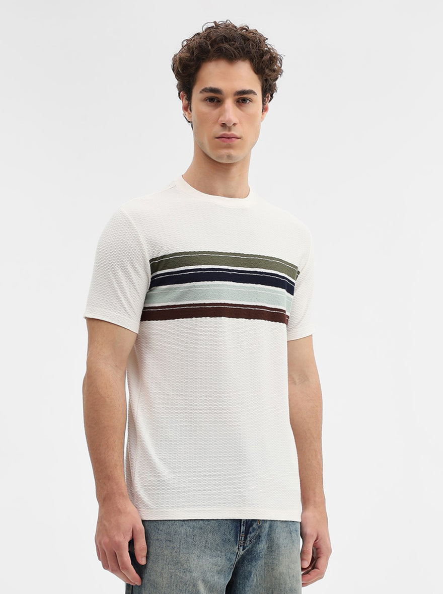 Cream & Olive Striped Slim Fit T-Shirt | JadeBlue