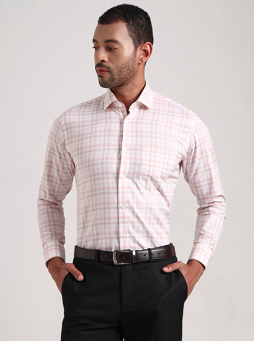 Pink & White Checked Slim Fit Formal Shirt | Metal