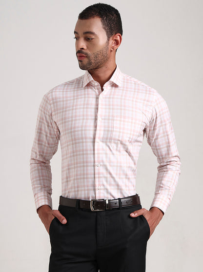 Pink & White Checked Slim Fit Formal Shirt | Metal