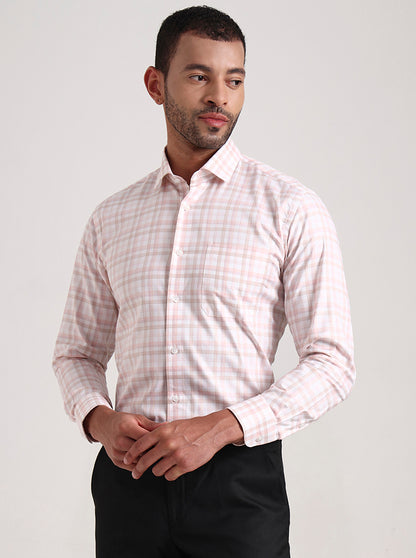Pink & White Checked Slim Fit Formal Shirt | Metal
