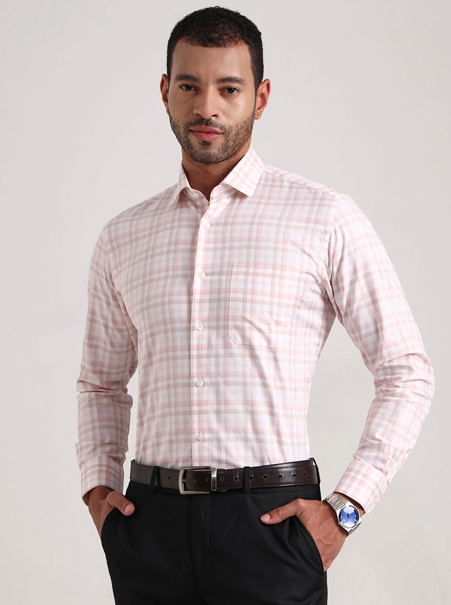Pink & White Checked Slim Fit Formal Shirt | Metal
