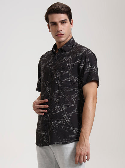 Black Printed Slim Fit Casual Shirt | JadeBlue