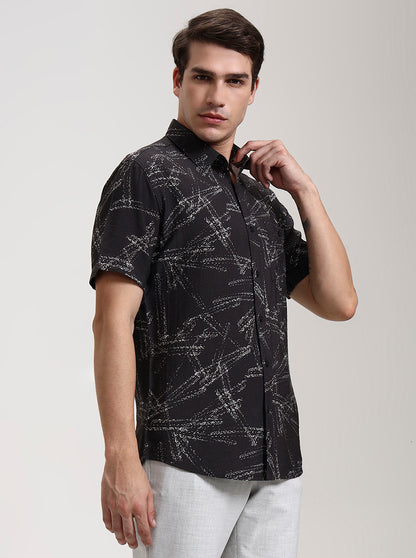Black Printed Slim Fit Casual Shirt | JadeBlue