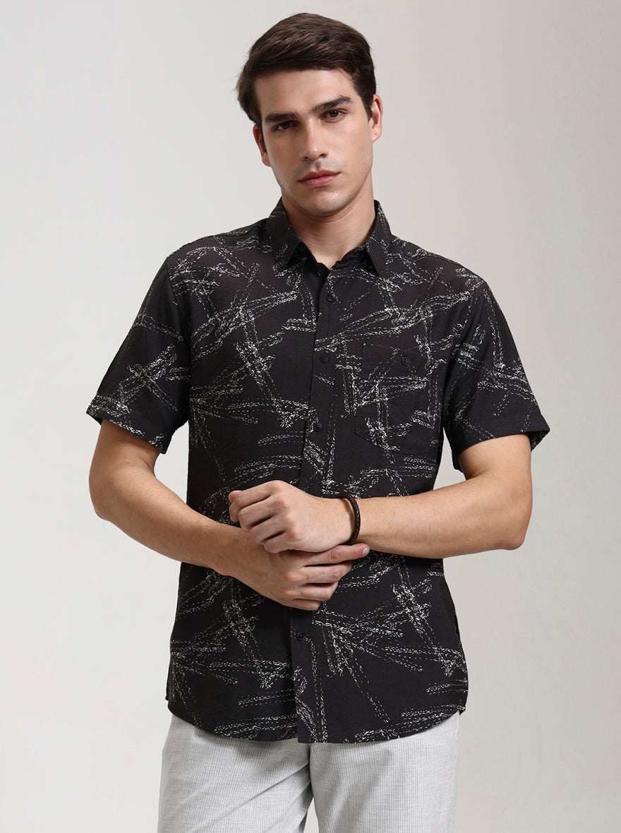 Black Printed Slim Fit Casual Shirt | JadeBlue