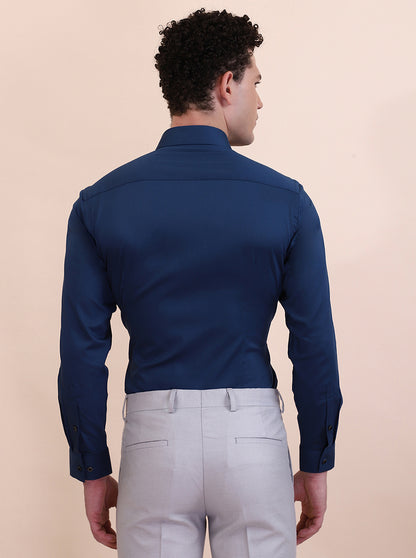 Peacock Blue Solid Slim Fit Party Wear Shirt | Greenfibre