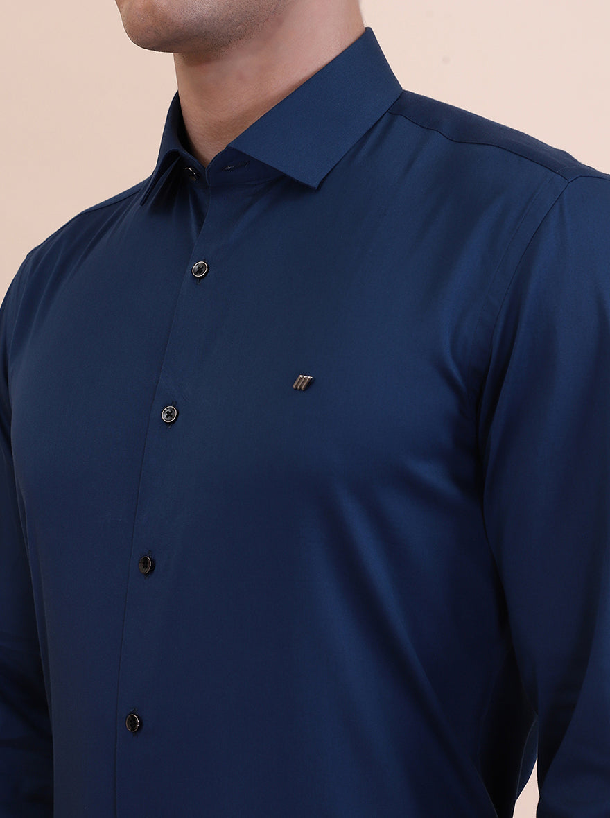 Peacock Blue Solid Slim Fit Party Wear Shirt | Greenfibre