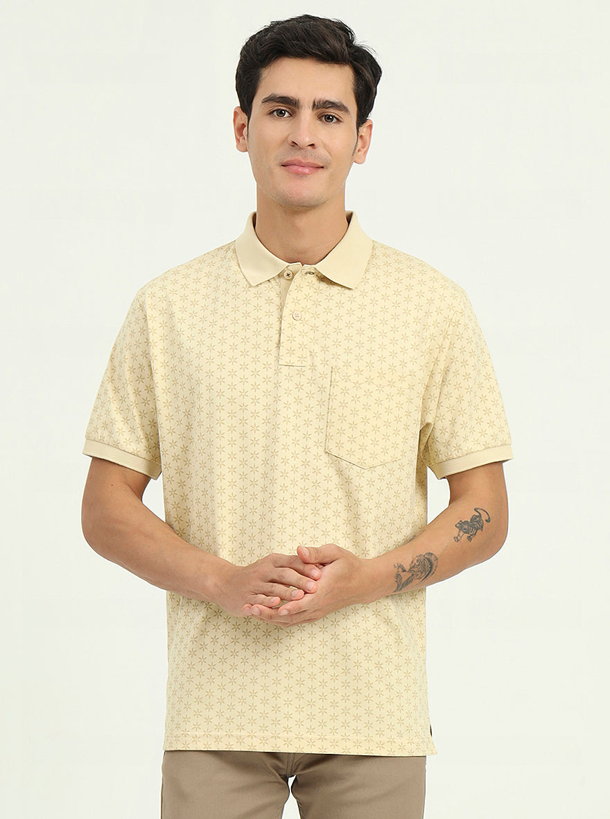 Sun Yellow Printed Regular Fit Polo T-Shirt | Greenfibre