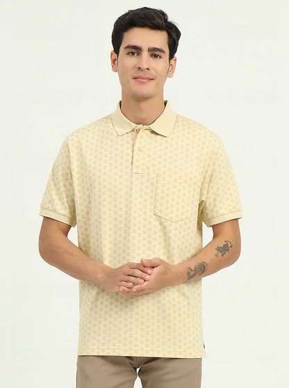 Sun Yellow Printed Regular Fit Polo T-Shirt | Greenfibre