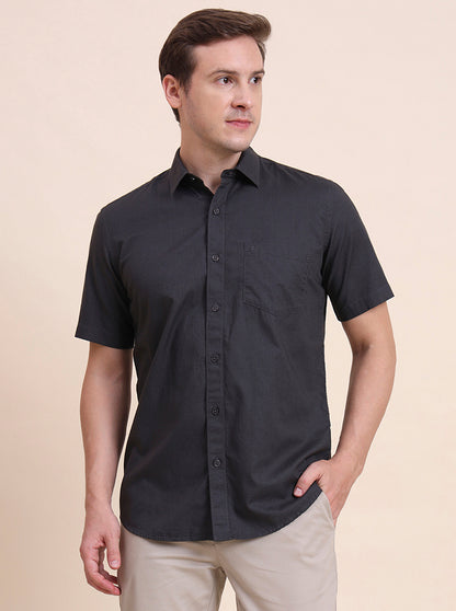 Charcoal Grey Solid Tailored Fit Semi Casual Shirt | JadeBlue
