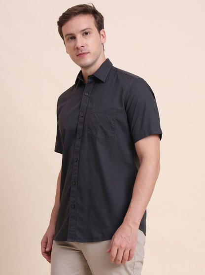 Charcoal Grey Solid Tailored Fit Semi Casual Shirt | JadeBlue