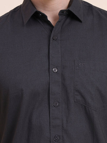 Charcoal Grey Solid Tailored Fit Semi Casual Shirt | JadeBlue