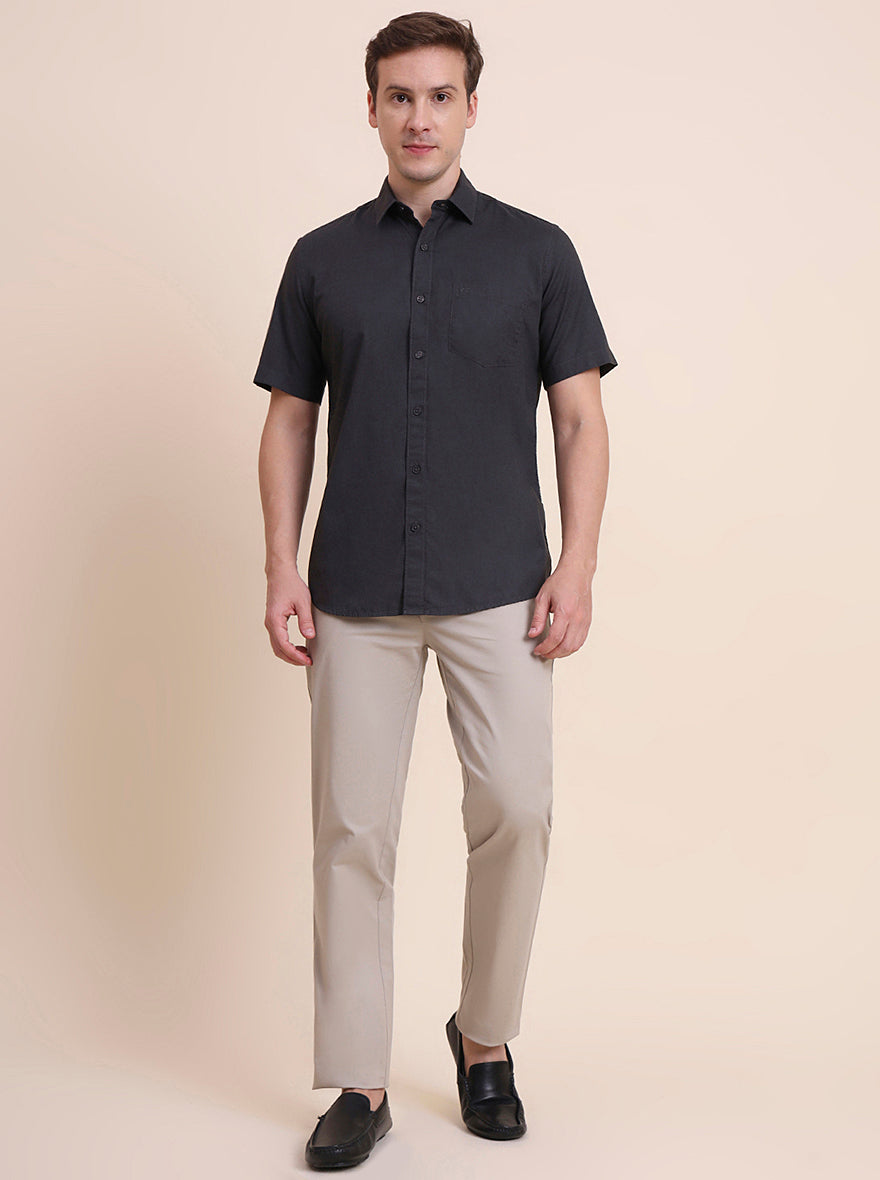 Charcoal Grey Solid Tailored Fit Semi Casual Shirt | JadeBlue