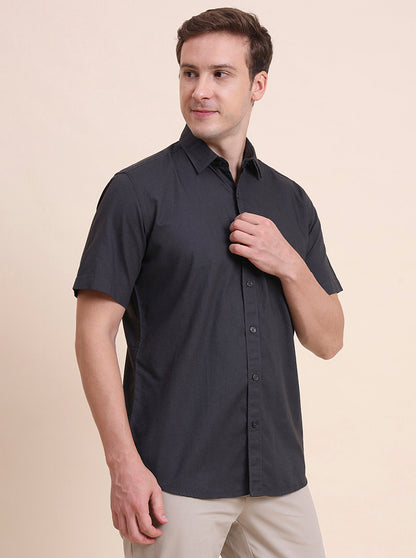 Charcoal Grey Solid Tailored Fit Semi Casual Shirt | JadeBlue