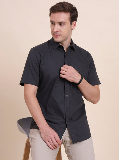 Charcoal Grey Solid Tailored Fit Semi Casual Shirt | JadeBlue