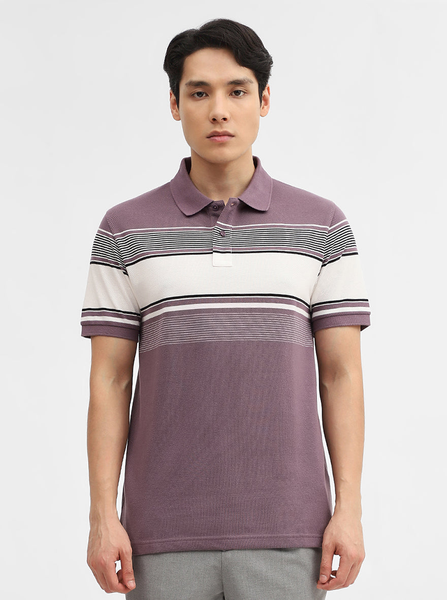 Purple & White Striped Slim Fit Polo T-Shirt | JadeBlue