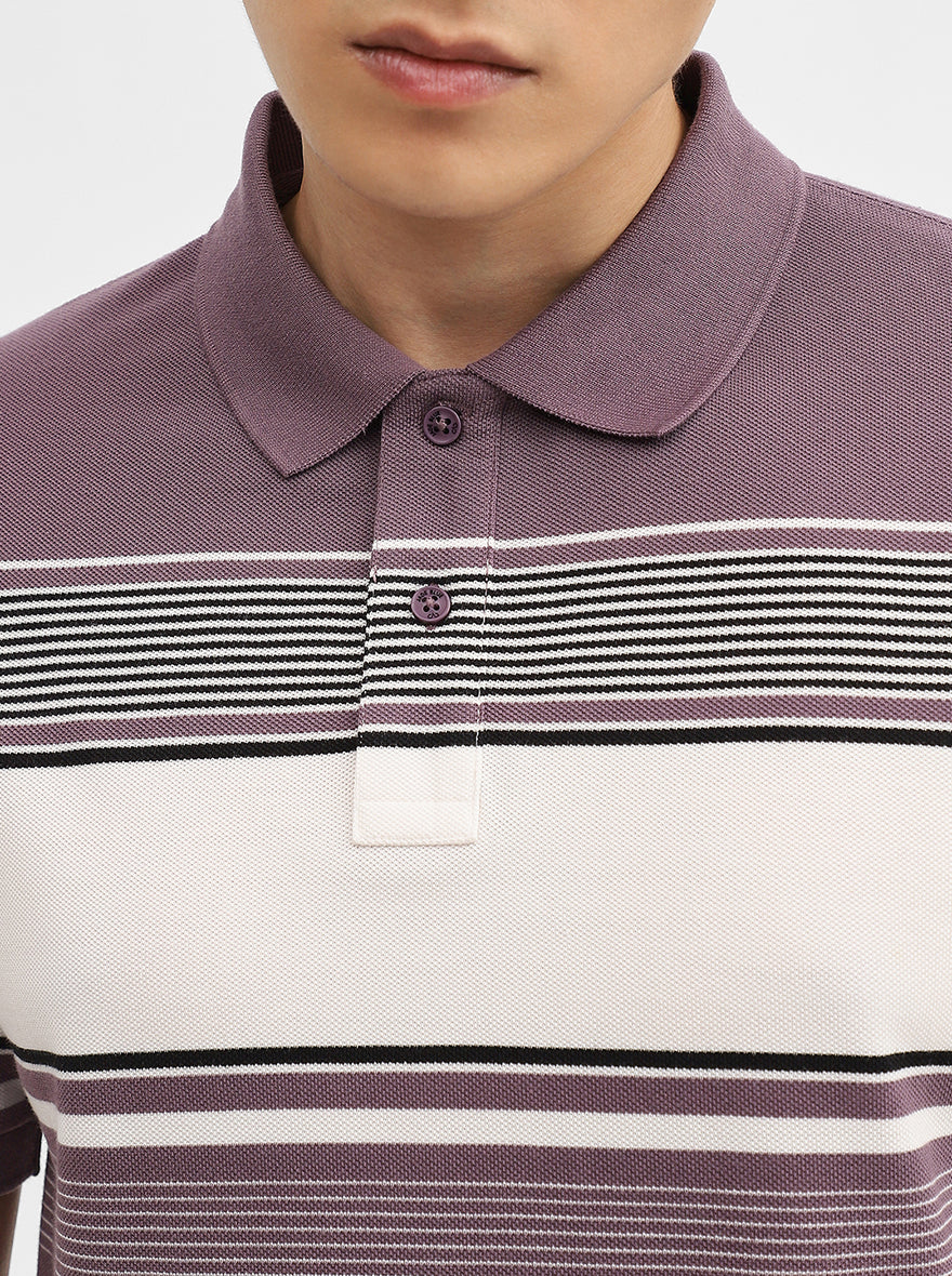 Purple & White Striped Slim Fit Polo T-Shirt | JadeBlue