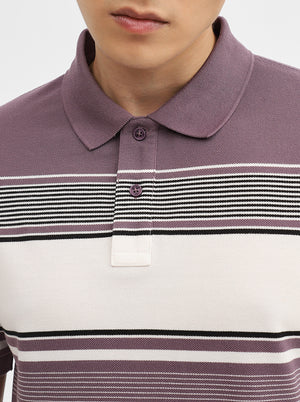 Purple & White Striped Slim Fit Polo T-Shirt | JadeBlue