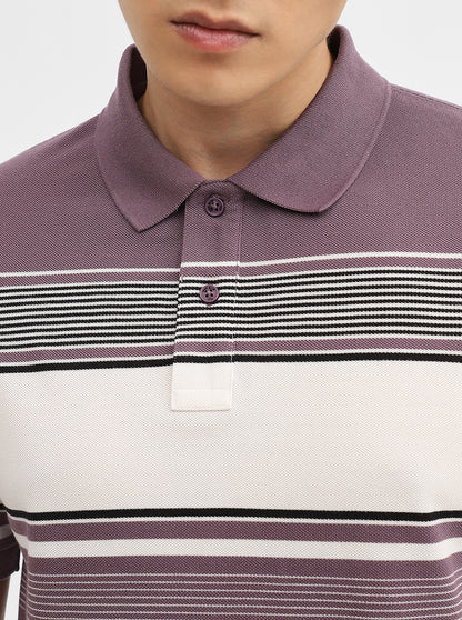 Purple & White Striped Slim Fit Polo T-Shirt | JadeBlue