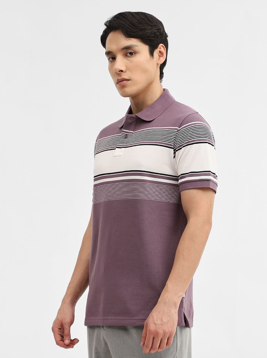 Purple & White Striped Slim Fit Polo T-Shirt | JadeBlue